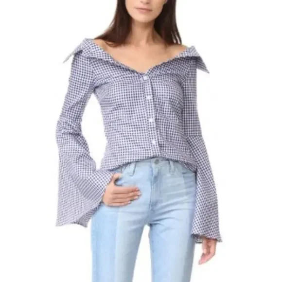 Caroline Constas Persephone Bell Sleeve Gingham Blouse - Picture 1 of 5